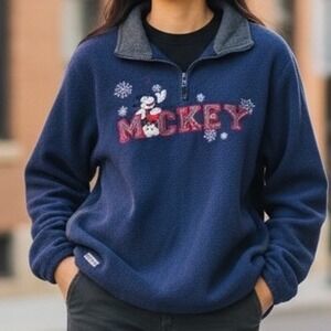 Disney Mickey Mouse Vintage Fleece Pullover Navy Blue Quarter Zip Sweater Medium